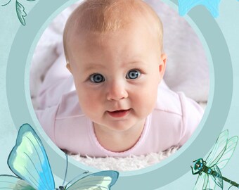 Marsh Nursery Wall Art Trio - Customizable Printable Baby Photos Set, Canva Editable - Frog,  Sun, Vines, Dragonfly, Butterfly, Reeds
