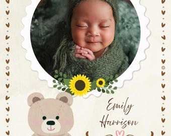 Sunflower Bear Nursery Wall Art - Customizable Printable Baby Photo Template, Canva Editable - Simple, Clean, Cozy, Cute