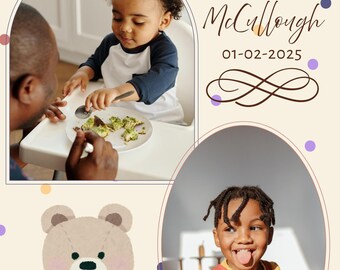 Teddy Bear Nursery Wall Art - Customizable Printable Baby Photos Template, Canva Editable - Cute, Simple, Cozy, Elegant