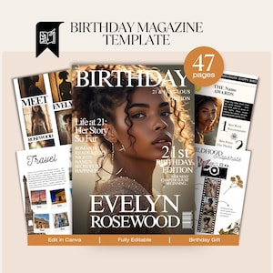 May include: A magazine template titled "Birthday Magazine Template" with a woman on the cover. The magazine is the "Birthday 21st Edition" and has 47 pages. Additional pages include travel and awards sections. The template is fully editable.