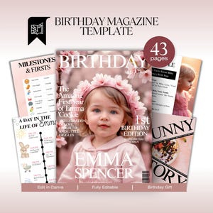Pode incluir: Um modelo de revista de aniversário com um esquema de cores rosa e branco. A capa apresenta uma menina com uma coroa de flores. A revista inclui o texto "BIRTHDAY MAGAZINE TEMPLATE", "BIRTHDAY" e "1st BIRTHDAY EDITION".