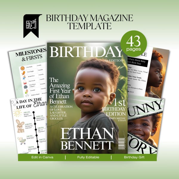 Custom First Birthday Baby Boy Magazine: Personalized Keepsake (Canva Template, Digital Download)