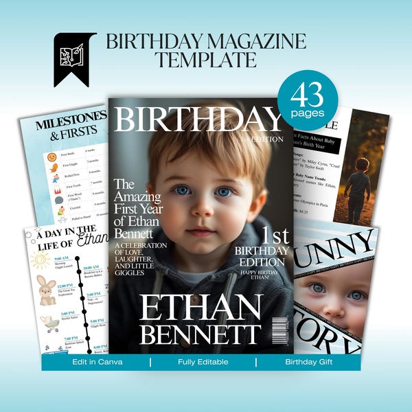 Custom First Birthday Baby Boy Magazine: Personalized Keepsake (Canva Template, Digital Download)