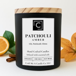 Patchouli Amber Scented Candle – Lily, Patchouli, Citrus | Natural Soy Wax Candles | Round Jar Candles