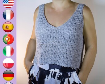 Häkelanleitung mit V-Ausschnitt Tanktop PDF + VIDEO Sommer Spitzen Top ELLE, mit nur 2 Nähten! Einfaches Top für Anfänger