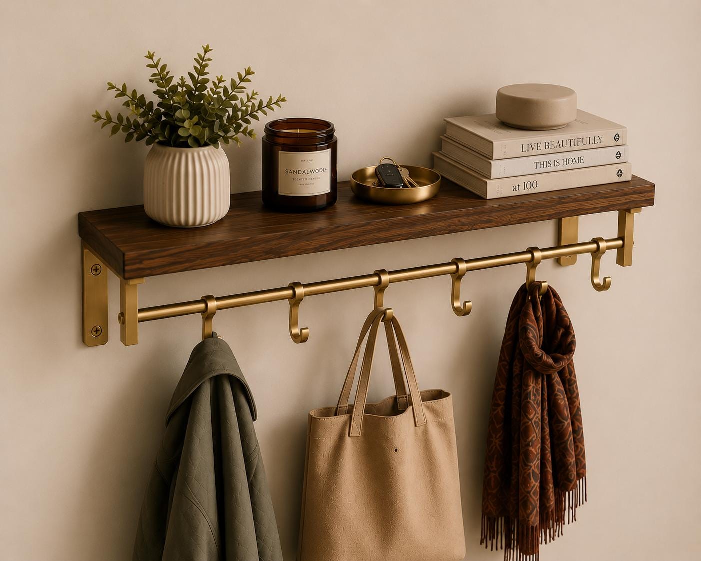 Solid Brass Coat Rack with Wood Shelf, Modern Entryway Organizer, Handmade Hallway Storage Hooks