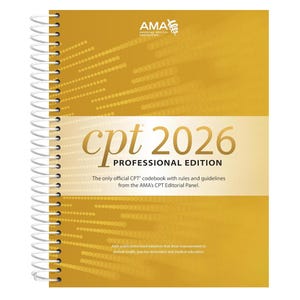 May include: A spiral-bound book with a gold cover featuring the text "cpt 2026 PROFESSIONAL EDITION." The cover also includes the AMA logo and the text "The only official CPT codebook with rules and guidelines from the AMA's CPT Editorial Panel."