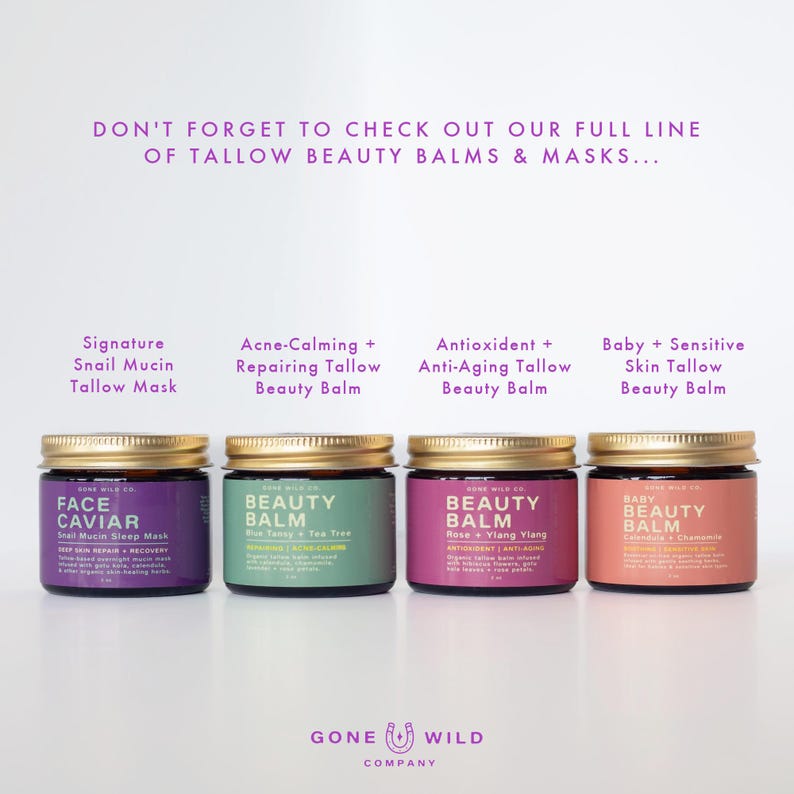 Może przedstawiać: Cztery słoiczki balsam&oacute;w i masek kosmetycznych ze złotymi wieczkami. Słoiczki są oznaczone: Face Caviar, Acne-Calming, Antioxidant i Baby. U g&oacute;ry znajduje się tekst "Nie zapomnij sprawdzić naszej pełnej linii balsam&oacute;w i masek do pielęgnacji urody..."