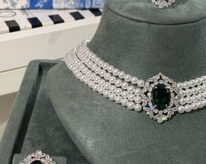Featured listing image: Green Zircon Bridal Jewelry Set – Rhodium Plated Necklace, Earrings, Bracelet & Ring
