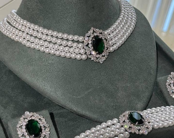 Featured listing image: Green Emerald Zircon Jewelry Set: Rhodium Plated Necklace, Bracelet, Ring, Earrings