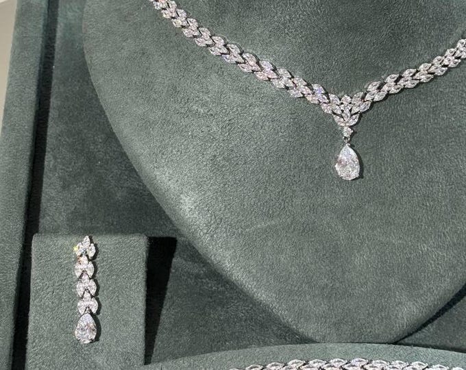 Featured listing image: Luxury Cubic Zirconia Bridal Jewelry Set – Necklace, Earrings, Bracelet & Ring with Teardrop Pendant