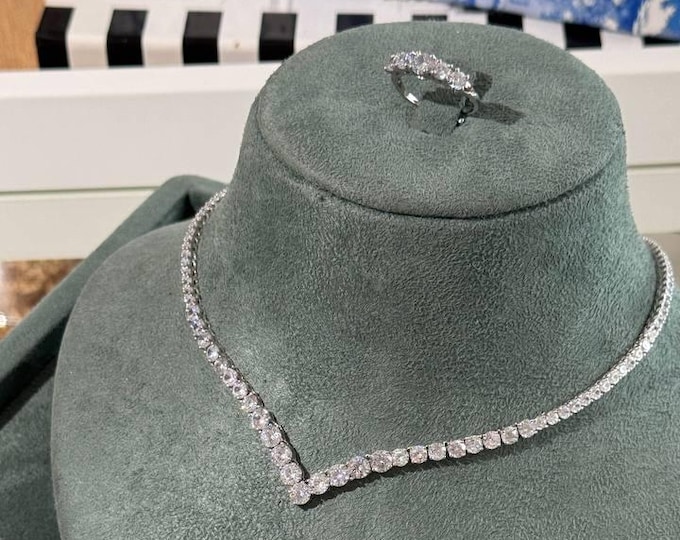 Featured listing image: Cubic Zirconia Tennis Jewelry Set: Rhodium Plated Necklace, Bracelet, Earrings & Ring