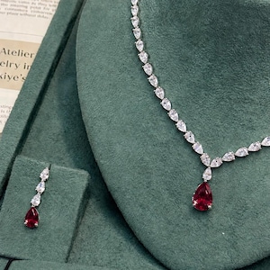 Royal Ruby Teardrop Swarovski zirconia Jewelry Set – Handmade 4-Piece Set (Necklace, Earrings, Ring, Bracelet)
