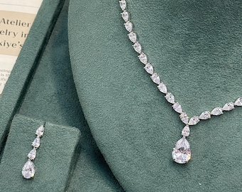 Swarovski Pear Bridal Jewelry Set, Teardrop Crystal Wedding Necklace Earrings Bracelet Ring