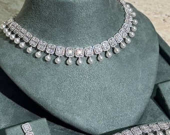 Pearl & Cubic Zirconia Jewelry Set – Necklace, Earrings, Bracelet, Ring | Silver Elegant Jewelry for Women