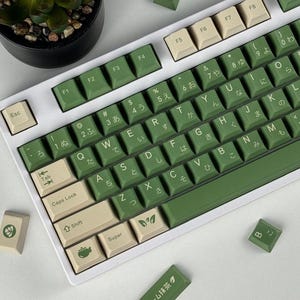 Könnte beinhalten: Eine weiße mechanische Tastatur mit grünen und beigen Tastenkappen. Die Tastenkappen haben japanische Zeichen und englische Buchstaben. Lose Tastenkappen und eine kleine Topf-Sukkulente sind ebenfalls zu sehen.