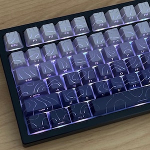 Może przedstawiać: Czarna klawiatura mechaniczna z jasnoszarymi nakładkami na klawisze. Nakładki na klawisze mają gradientowy wzór z fioletowymi i niebieskimi odcieniami. Klawiatura ma standardowy układ QWERTY z klawiszami funkcyjnymi i klawiaturą numeryczną.