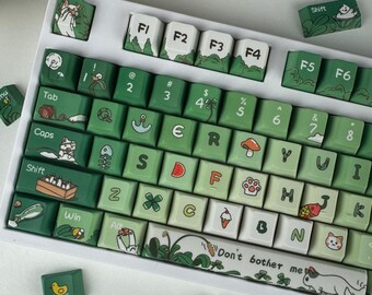 134 Keys Cute Matcha Cat Keycap set, Green Plant Theme Keycap set for Mechanical Keyboard, MDA Profile, PBT Material, mx switch type, Gifts