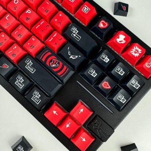 Japanese Video Game Theme Keycap Set, Red and Black Keycap set for Mechanical Keyboard, Cherry Profile, 142 Keys mx switch Type, Gamer Gifts