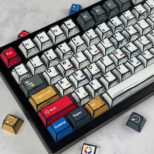 Może przedstawiać: Czarna klawiatura mechaniczna z białymi nakładkami na klawisze o unikalnym komiksowym designie. Nakładki na klawisze mają czarne obrysy i różne kolory tekstu i symboli. Klawiatura zawiera klawisze z etykietami "Esc", "Shift", "Control" i "Super".