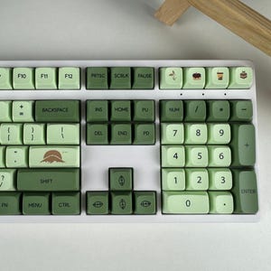 Può includere: Una tastiera meccanica bianca con tasti verdi e verde chiaro. I tasti hanno varie icone e testo, tra cui una grafica di montagna, una tazza di caffè e icone di cibo. La tastiera ha un tastierino numerico e tasti funzione.