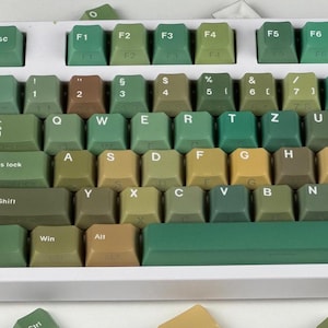 May include: A close-up of a mechanical keyboard with green and brown keycaps. The keyboard has a white frame and a variety of keys, including function keys, letters, numbers, and symbols. The keycaps are in various shades of green and brown.