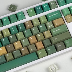 May include: A mechanical keyboard with green and tan keycaps. The keycaps are arranged on a white base, with various function keys and letters visible. The keyboard has a minimalist design, with a focus on the keycaps' color scheme.
