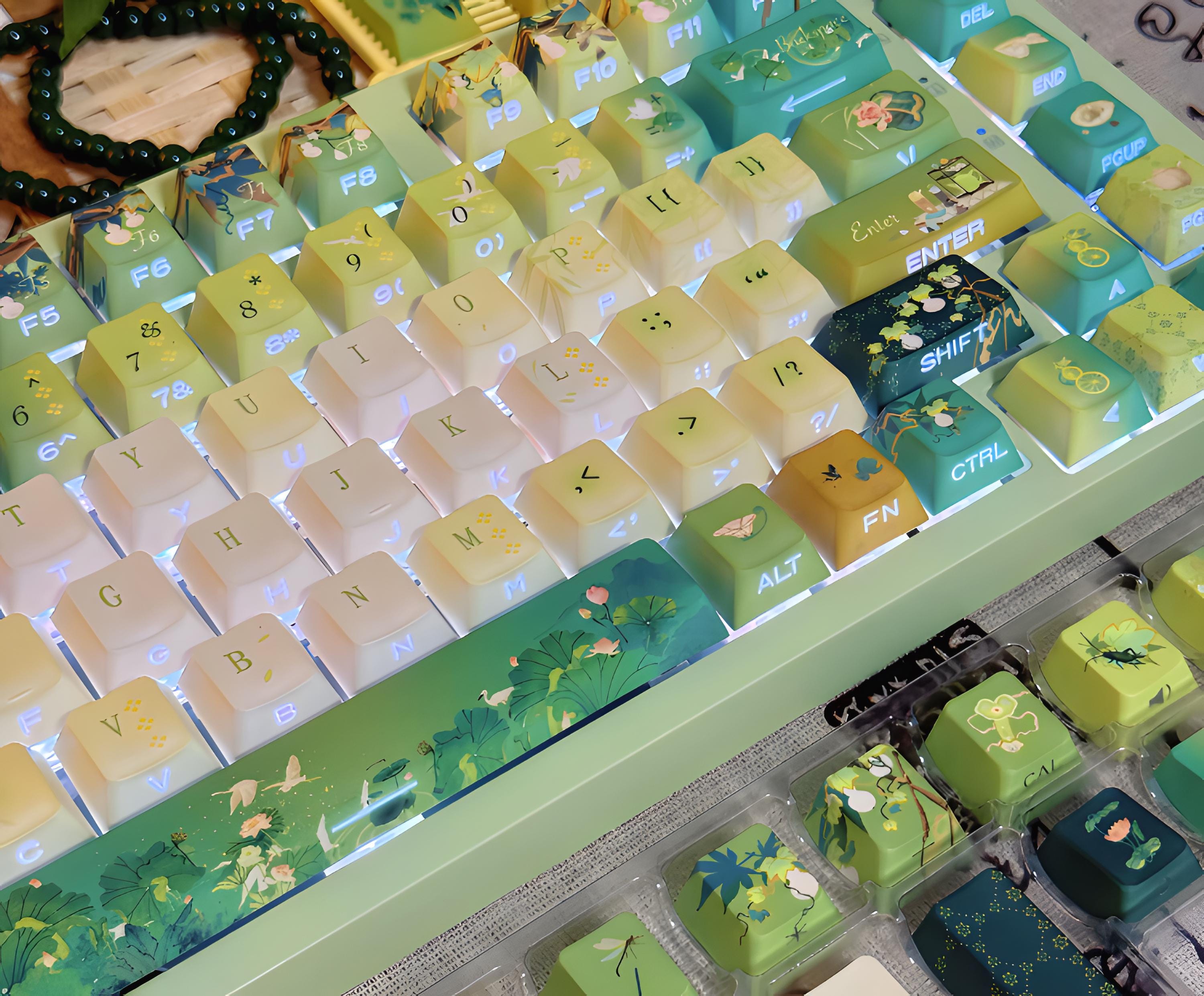 Cute Green Keycap Set - Floral Lotus Keycaps for Mechanical Keyboard ...