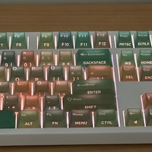 May include: A close-up of a mechanical keyboard with a white frame and multi-colored keycaps. The keycaps have a gradient color scheme, transitioning from green to brown. The keyboard features function keys, a backspace key, and other standard keys.