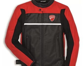 Chaqueta de cuero para carreras Ducati Dainese para hombre, negra y roja