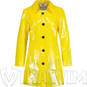 May include: A bright yellow, glossy raincoat with a collared neckline and long sleeves. The coat features a button-down front with four black buttons. The garment has a slight A-line shape and appears to be made of a waterproof material.