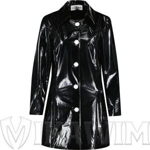 May include: A glossy black trench coat with a collared neckline and long sleeves. The coat features a button-down front with large white buttons. The material has a shiny, patent leather appearance, reflecting light.
