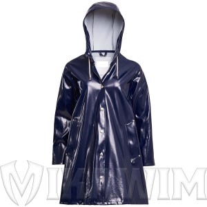 Imperméable bleu marine en vinyle brillant pour femme : veste trapèze à capuche