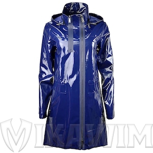 Blue Glossy Vinyl Raincoat: Hooded Waterproof Outerwear