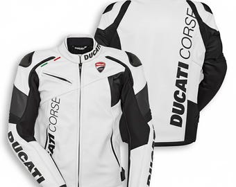 Mens Ducati Corse Leather Jacket, White & Black Motorbike Racing Coat