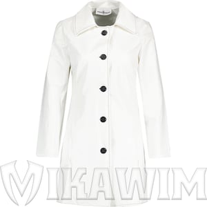 May include: A white, long-sleeved coat with a collared neckline and four black buttons down the front. The coat has a tailored fit and a glossy finish, suggesting a waterproof material. The coat is a classic design, suitable for various occasions.