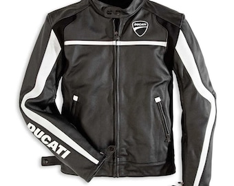 Ducati Leather Motorcycle Jacket: Black & White Racing Biker Coat