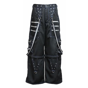 MIKAWIM Reflective Gothic Bondage Pants – Black Techwear Trousers with Blue Stitching & Straps  Punk Rave Streetwear for Men