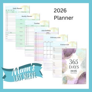 May include: A 2026 planner with daily, weekly, and holiday planning pages. The cover has a watercolor design and the text "365 DAYS 2026 PLANNER". The image also includes the text "Mum's LAST NERVE".