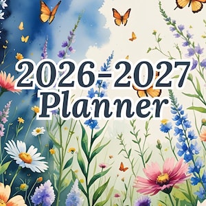 Op de afbeelding: Een plannercover in aquarel-stijl met de tekst "2026-2027 Planner". Het ontwerp toont een levendige weide met wilde bloemen in roze, geel, blauw en paars, met oranje vlinders tegen een hemelachtergrond.