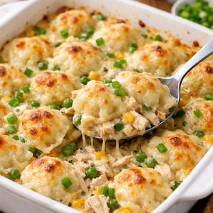 May include: A casserole dish filled with chicken and dumplings. The dumplings are golden brown and sit atop a creamy chicken and vegetable mixture. Green onions and peas are scattered throughout the dish. A spoonful of the casserole is being lifted from the dish.