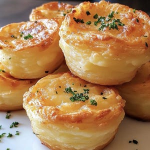 Op de afbeelding: Een close-up van verschillende goudbruine, gebakken gebakjes, op elkaar gestapeld. De gebakjes hebben een schilferige, gelaagde textuur en zijn gegarneerd met gehakte groene kruiden. Het eten wordt gepresenteerd op een wit bord.