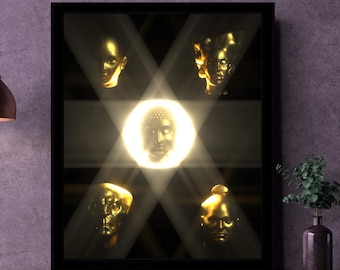 Arte mural de discípulos de flor de loto / Buda y discípulos: Iluminación, impresión espiritual de luz dorada, decoración zen, impresión de meditación y yoga