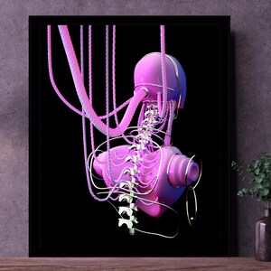 May include: A framed digital art print with an abstract, surreal design. The artwork depicts a biomorphic form in pink and purple hues, with metallic details against a black backdrop. The piece has a futuristic, science fiction aesthetic.