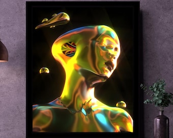 Impresión de Conciencia Extraterrestre - Despertar Espiritual, Arte Mural Extraterrestre 3D, Decoración de Viaje Interior, Arte Chamánico, Atención Plena de Otro Mundo