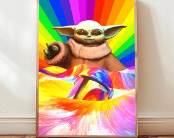 Impresión artística de The Way The Mandalorian & Grogu / Descarga digital inspirada en Star Wars, Viaje espiritual de Yoda, Arte de pared con casco espacial arcoíris