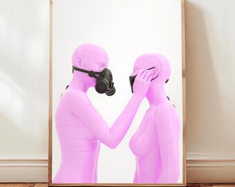 Arte digital imprimible: Amor en tiempos de pandemia / Amor verdadero, estética cyberpunk, vibraciones vaporwave, amor futurista, sentimientos de conexión verdadera