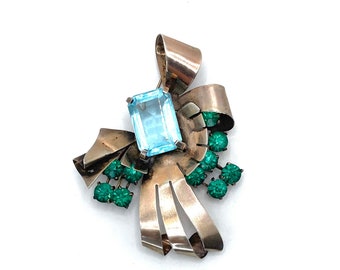 Huge Art Deco Aquamarine & Emerald Glass Sterling Silver Vintage Brooch Rhinestone Glass