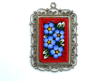 Micro Mosaic vintage Italy large pendant floral flowers red violets