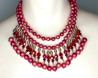 Stunning Red Matte Pearl and red AB Crystal Double strand Bib necklace Vintage